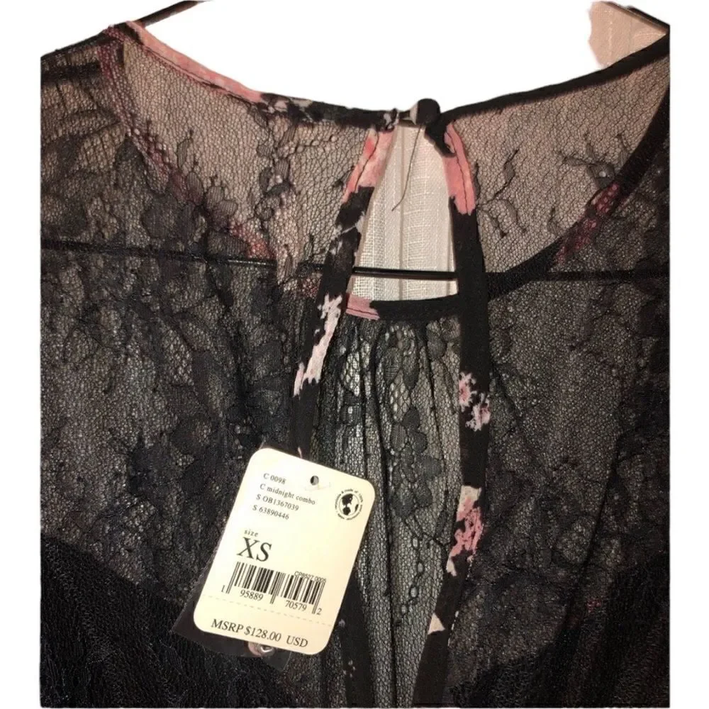 FREE PEOPLE NWT Black Lace Pink Beige Floral Boho Blouse  Top Long Sleev…